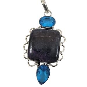 Handmade Silver Pendant with Charoite and Blue Topaz Accents